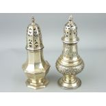 TWO SILVER SUGAR SHAKERS - one octagonal based, Chester 1928, 2.5ozs and one circular based with