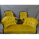 GOOD CIRCA 1900 MAHOGANY THREE-PIECE SALON SUITE with button upholstered gold colour upholstery