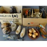 TWO BOXES OF MIXED COLLECTABLES including Horn and treen and an onyx mantel clock ETC