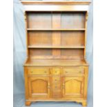 A LATE 19TH CENTURY OAK DRESSER of neat proportions, having a two-shelf rack over a T arrangement of