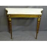 REPRODUCTION EMPIRE STYLE MARBLE TOP HALL TABLE with shaped sides and brass embellishments on