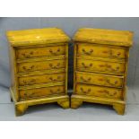 PAIR OF REPRODUCTION YEW WOOD CHESTS OF FOUR DRAWERS on corner bracket feet, 62cms height, 45.5cms