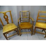 THREE ANTIQUE OAK FARMHOUSE CHAIRS including armchair example, 57cms wide
