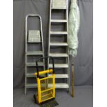 TWO SETS OF ALUMINIUM FOLDING STEP LADDERS, a metal trolley and a garden table parasol