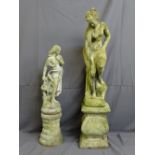 TWO RECONSTITUTED STONE ORNAMENTAL GARDEN FIGURINES on associated stands, 128 and 96cm heights