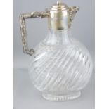 SILVER MOUNTED SPIRAL GLASS CLARET JUG, London 1887, maker Edward Hutton, the leaf scroll handle