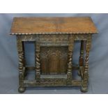 NEAT OAK TABLE CABINET with barley twist and carved detail (ex table), 65cms height, 76cms width,