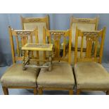 EDWARDIAN OAK SALON SUITE OF LADIES & GENTS ARMCHAIRS and three side chairs, all with Art Nouveau