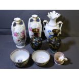 PAIR OF JAPANESE CLOISONNE VASES, three Victorian decorated vases, a Staffordshire frog mug ETC
