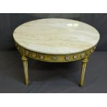 FRENCH CIRCULAR TOP MARBLE COFFEE TABLE with gilt metal mounts inset with porcelain roundels on