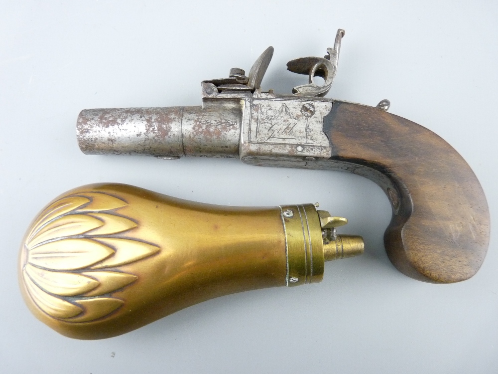 GILL LONDON FLINTLOCK POCKET PISTOL with inset trigger and sliding lock and a small brass powder - Image 2 of 2