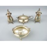 FIVE PIECE SILVER CONDIMENT SET - a pair of oval salts and oval mustard pot, no liner, all with