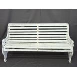 WOODEN SLATTED GARDEN BENCH with cast iron ends, 79cms height, 160cms width, 74cms depth