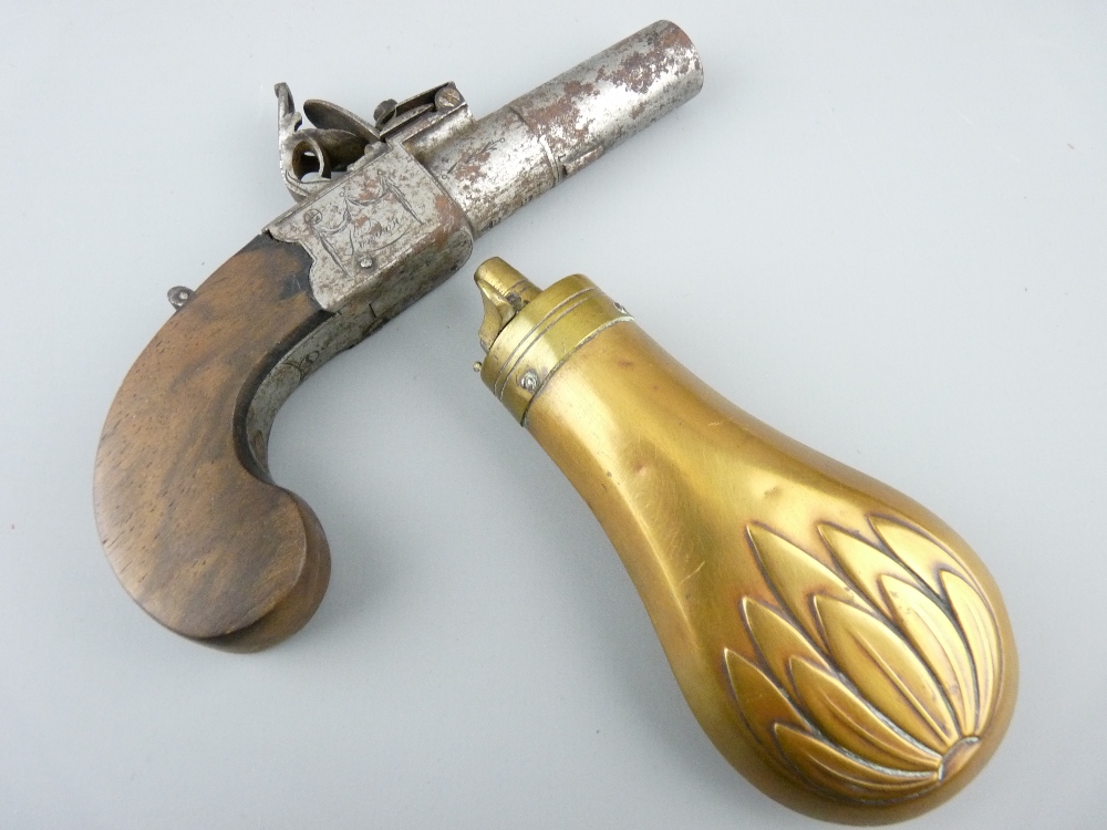 GILL LONDON FLINTLOCK POCKET PISTOL with inset trigger and sliding lock and a small brass powder