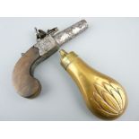 GILL LONDON FLINTLOCK POCKET PISTOL with inset trigger and sliding lock and a small brass powder