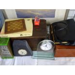 VICTORIAN WRITING SLOPE (FOR RESTORATION), three vintage mantel clocks, a small travel case ETC