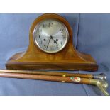 ENFIELD MAHOGANY MANTEL CLOCK WITH SILVER DIAL and two walking sticks, one with silver handle