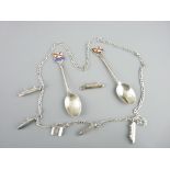 SILVER NECKLACE with boating charms and two silver souvenir spoons