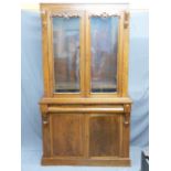 VICTORIAN MAHOGANY BOOKCASE SIDEBOARD, twin upper glazed doors with applied carved detail and