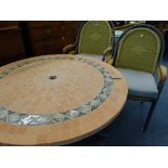 CIRCULAR GARDEN TABLE WITH TILED MOSAIC PATTERNED TOP, 120cms diameter and a set of four chairs by