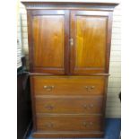 CIRCA 1900 MAHOGANY PRESS CUPBOARD of twin top doors and interior slide out trays over a three