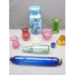 CRANBERRY GLASSWARE, a milk glass vase and a glass rolling pin ETC