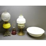 OIL LAMPS X THREE, one with edged glass shade, the other milk glass ETC