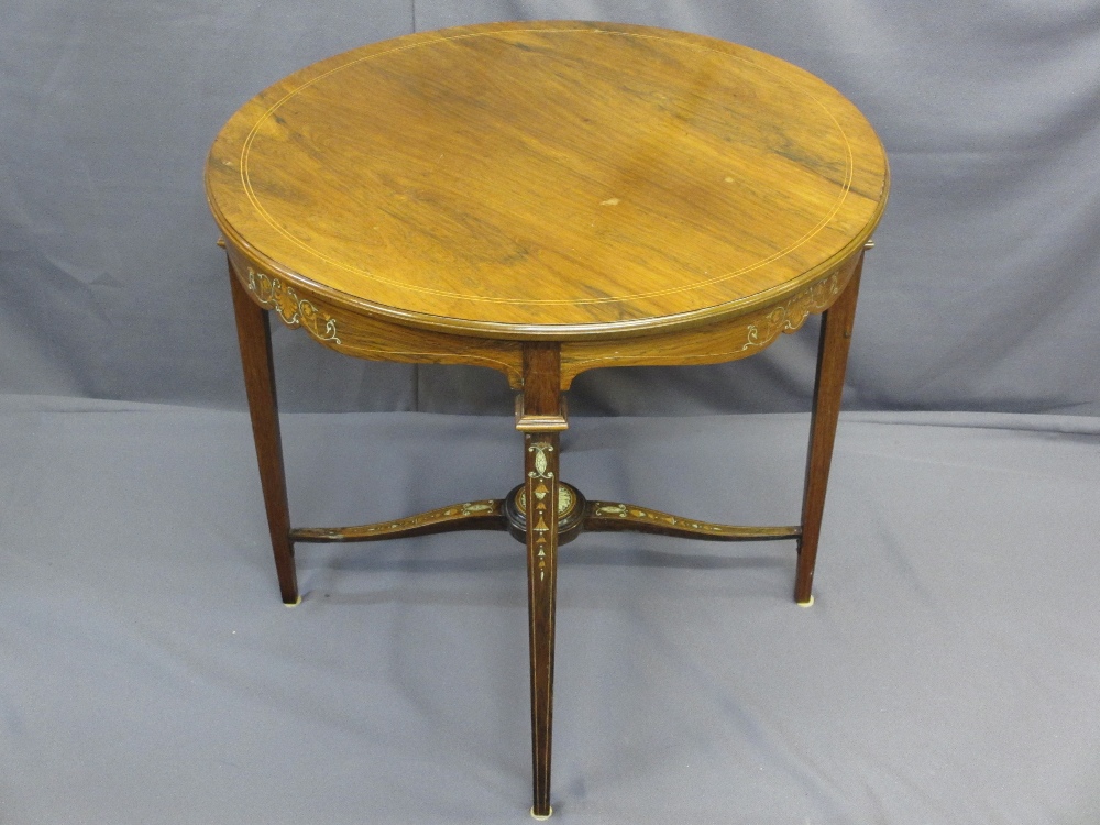 GOOD QUALITY INLAID WALNUT CIRCULAR TOP SIDE TABLE with X frame stretcher, 70cms H, 66cms diameter