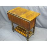 INTERESTING REGENCY MAHOGANY & TEAK FASHIONED WORK TABLE with lift-up rear leaf over twin slim