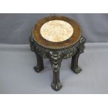 CIRCULAR TOP CHINESE HARDWOOD URN STAND with inset pink marble and carved detail, 35cms H, 27.5cms