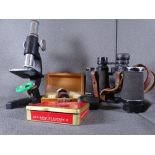 VINTAGE MICROSCOPE WITH SLIDES and a pair of vintage field binoculars