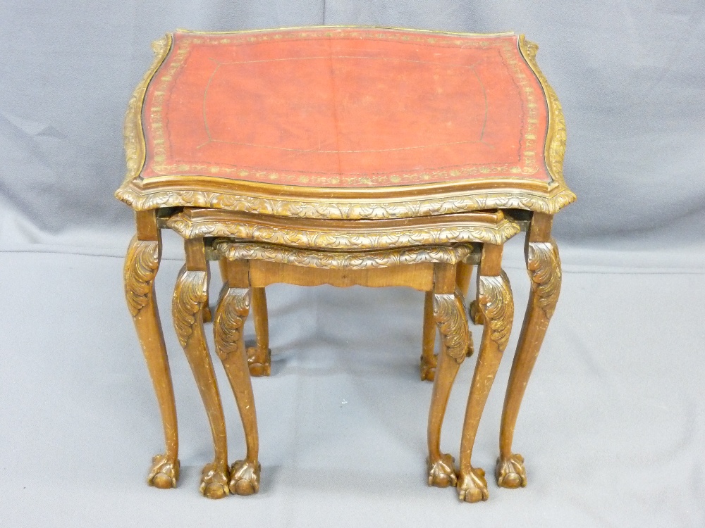 GOOD SET OF THREE REPRODUCTION CARVED WALNUT SIDE TABLES with gilt tooled leather inserts and - Image 3 of 3