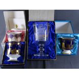 BOXED COALPORT COMMEMORATIVE TANKARDS and a boxed Stuart crystal etched glass vase