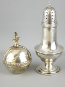 SILVER SUGAR CASTER & RELIGIOUS ORB, the loaded sugar caster, Birmingham 1911 and the silver orb