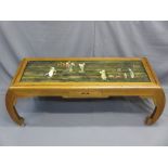 CHINESE SHAPED HARDWOOD COFFEE TABLE with shibayama type inlaid top, 44cms H, 131cms W, 53cms D