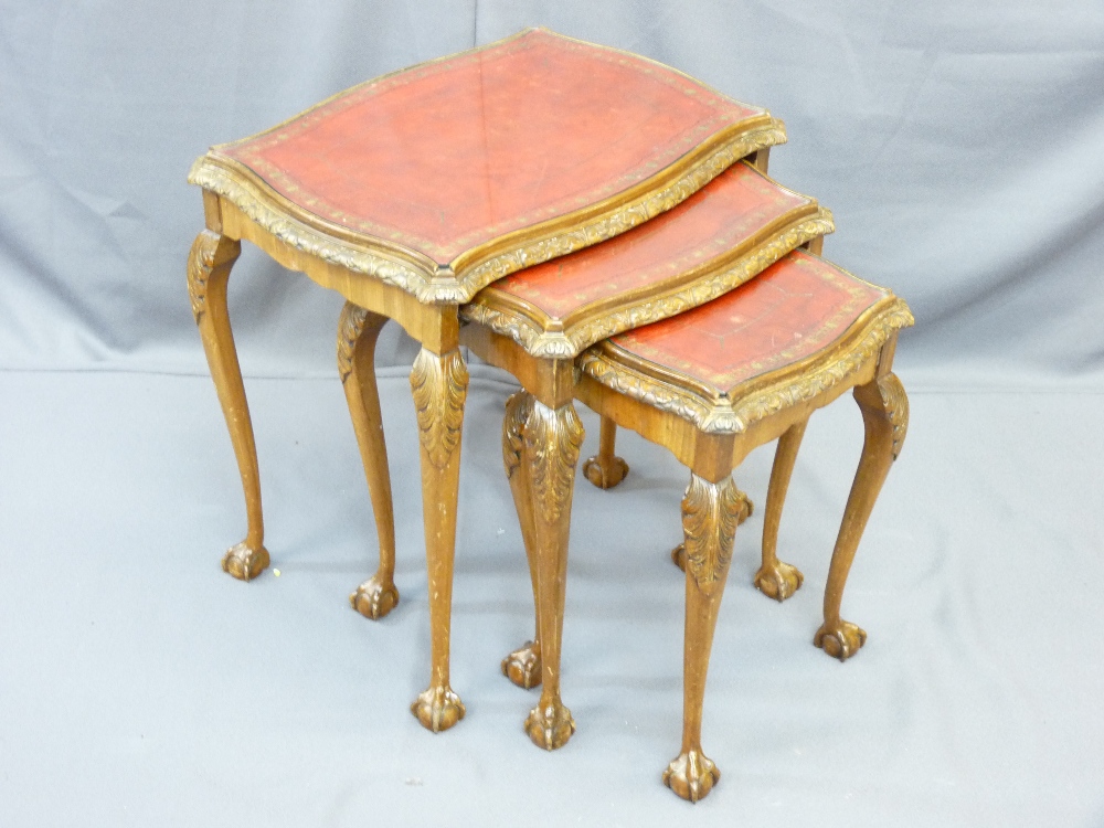 GOOD SET OF THREE REPRODUCTION CARVED WALNUT SIDE TABLES with gilt tooled leather inserts and - Image 2 of 3