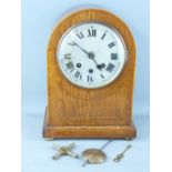DOME TOP OAK WESTMINSTER CHIME MANTEL CLOCK with pendulum and key, 34cms H, 25cms W