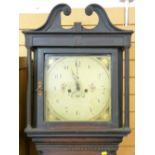 CIRCA 1820 OAK LONG-CASE CLOCK with painted 13 inch square dial and twin weight pendulum driven bell