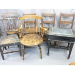 SELECTION OF ANTIQUE OAK & VINTAGE FARMHOUSE CHAIRS with an ebonized box seat piano stool, various