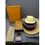 TAN LEATHER BRIEFCASE, assortment of ladies' hats, work box ETC