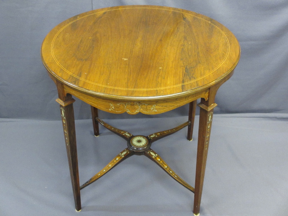 GOOD QUALITY INLAID WALNUT CIRCULAR TOP SIDE TABLE with X frame stretcher, 70cms H, 66cms diameter - Image 2 of 3