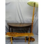 MAHOGANY D-END, RUSTIC LONG-JOHN TABLE and a polished standard lamp