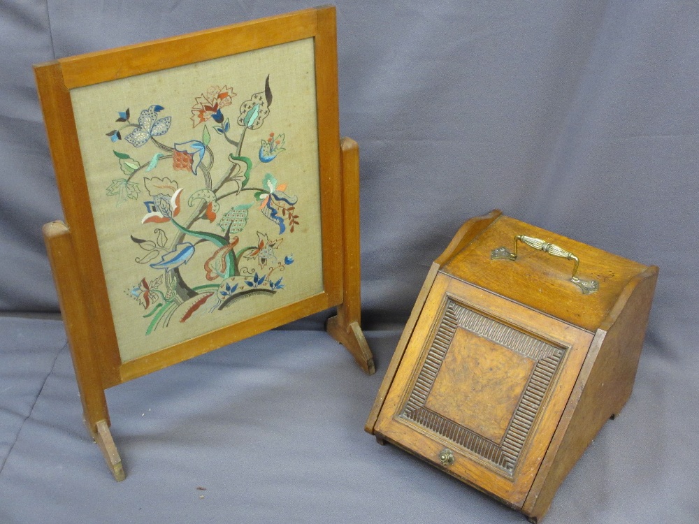 LATE VICTORIAN POLLARD OAK COAL BOX and a needlework panel firescreen