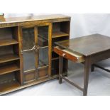ANTIQUE OAK RECTANGULAR TOP TABLE and a vintage oak bookcase, the table with opening end drawers and