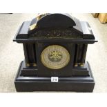 SLATE MANTEL CLOCK with flanking twin pillars either side of exposed movement, 39cms H x 39cms W