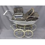 QUALITY VINTAGE SILVER CROSS PRAM with all original canvas, day bag and toddler pram top seat, 98cms