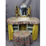 VINTAGE KIDNEY SHAPED DRESSING TABLE, stool and triple dressing mirror, 77cms H