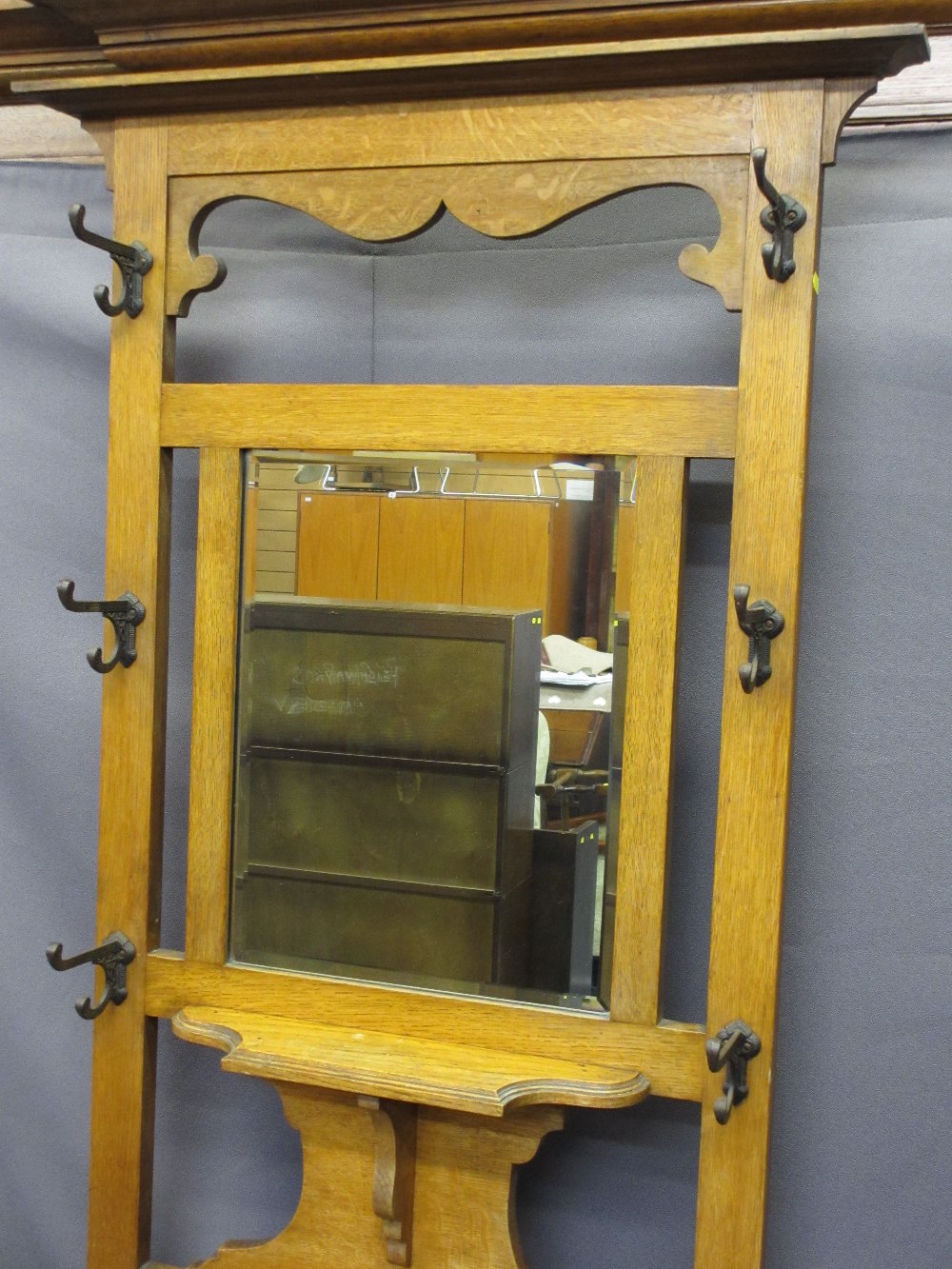 CIRCA 1900 MIRRORED OAK HALL STAND, drip trays intact, 203cms H, 68cms max W, 26cms D - Image 2 of 3