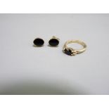 9CT GOLD BLACK STONE SET RING and a pair of similarly styled earrings, 4.8grms gross, ring size