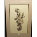 SIR KYFFIN WILLIAMS RA initialled print - farmer with stick, 59 x 35cms